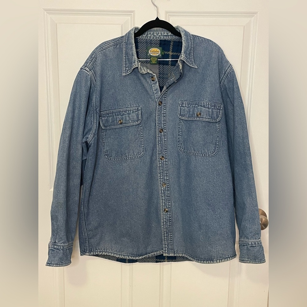 Cabela’s Denim Chore Coat Shirt Jacket Plaid Sherpa Lined Workwear Men’s L